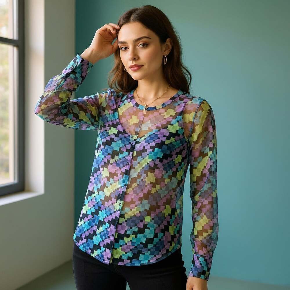 Karen Kane 100% Silk Sheer Blouse S Pixel Mosaic Print Multicolor